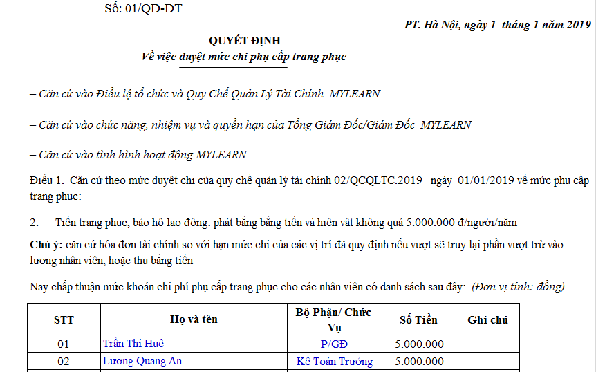 Hồ sơ hợp lý chi trang phục và công cụ cho nhân viên